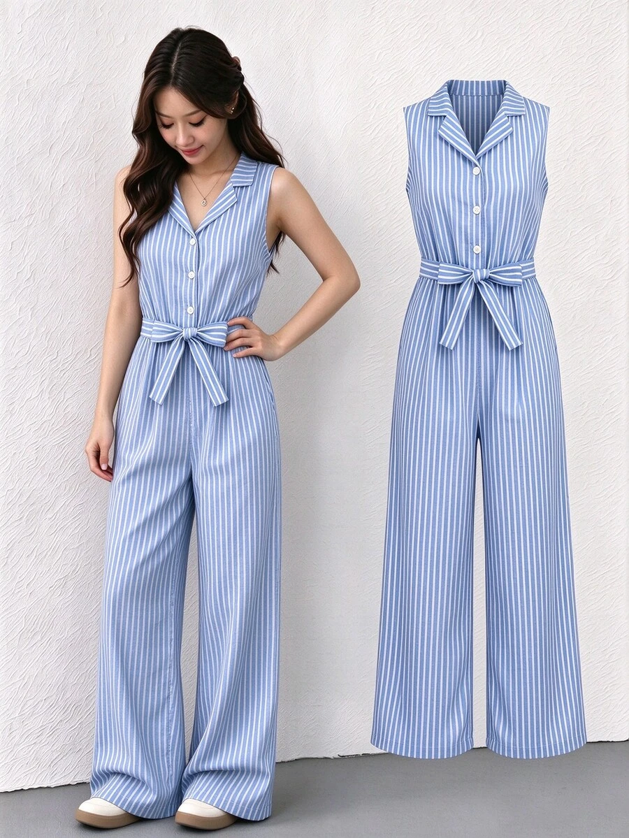 SHEIN Tween Girls Blue And White Striped Short Sleeve Shirt Collar Casual Tropical Elegant Jumpsuit, Loose Leg, Suitable For Spring/Summer Vacation