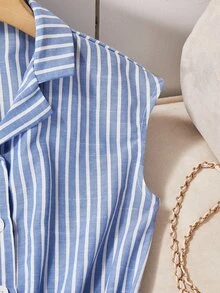SHEIN Tween Girls Blue And White Striped Short Sleeve Shirt Collar Casual Tropical Elegant Jumpsuit, Loose Leg, Suitable For Spring/Summer Vacation - Blue - View 6