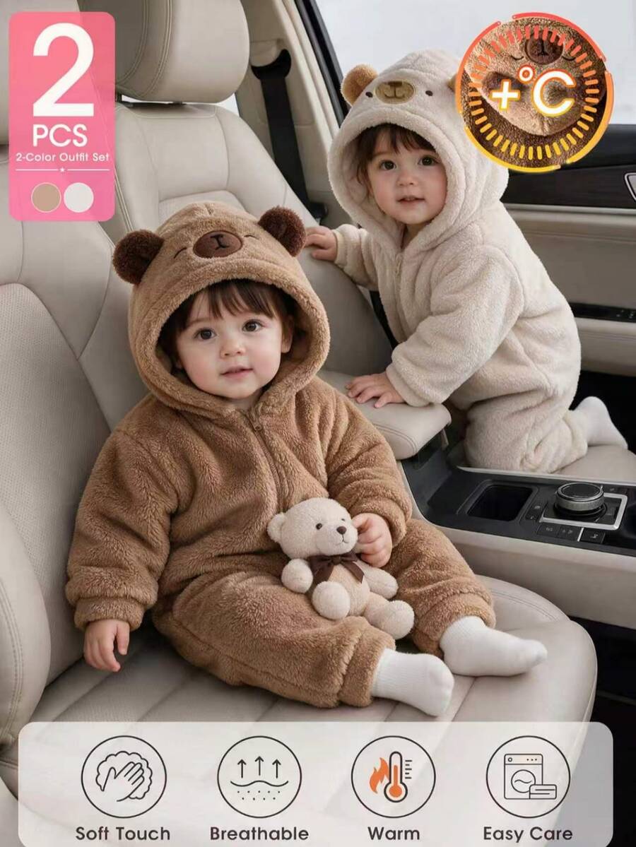 SHEIN 2件組女嬰幼兒連身衣 連帽式 可愛甜美棕米色熊耳刺繡 長袖拉鍊加厚款 冬季度假公主動物風 - 棕色 - 查看 1