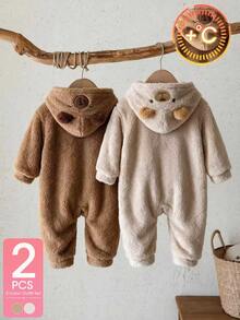 SHEIN 2件組女嬰幼兒連身衣 連帽式 可愛甜美棕米色熊耳刺繡 長袖拉鍊加厚款 冬季度假公主動物風 - 棕色 - 查看 3