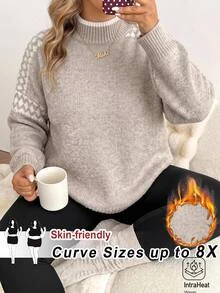 SHEIN CURVE+ Women's Plus Size 22W Colorblock Cold Shoulder Long Sleeve Casual Loose Pullover Sweater, Autumn/Winter - Grey - View 4