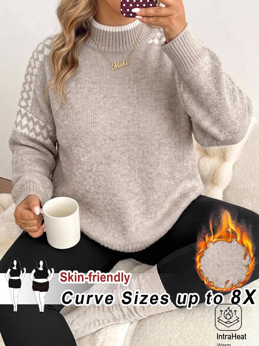 SHEIN CURVE+ 女款大尺碼 22W 配色露肩長袖休閒寬鬆套頭毛衣,秋冬款 - 灰色 - 查看 1