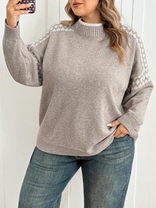 SHEIN CURVE+ Women's Plus Size 22W Colorblock Cold Shoulder Long Sleeve Casual Loose Pullover Sweater, Autumn/Winter - Grey - View 10