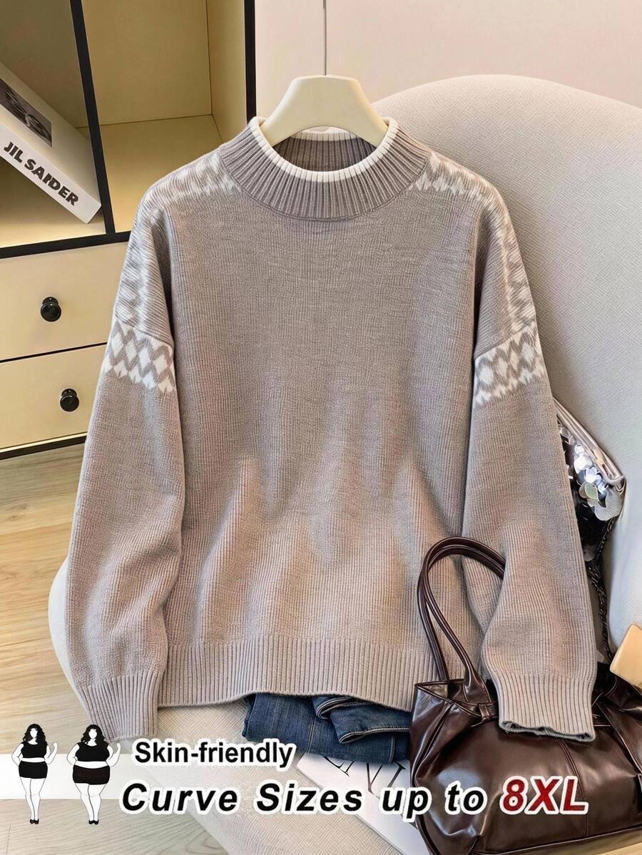 SHEIN CURVE+ Women's Plus Size 22W Colorblock Cold Shoulder Long Sleeve Casual Loose Pullover Sweater, Autumn/Winter - Grey - View 1