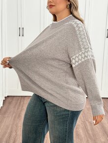 SHEIN CURVE+ Women's Plus Size 22W Colorblock Cold Shoulder Long Sleeve Casual Loose Pullover Sweater, Autumn/Winter - Grey - View 5