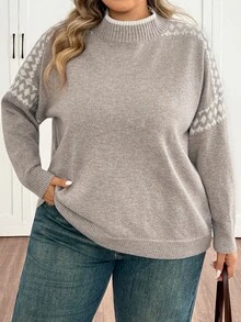 SHEIN CURVE+ Women's Plus Size 22W Colorblock Cold Shoulder Long Sleeve Casual Loose Pullover Sweater, Autumn/Winter - Grey - View 6