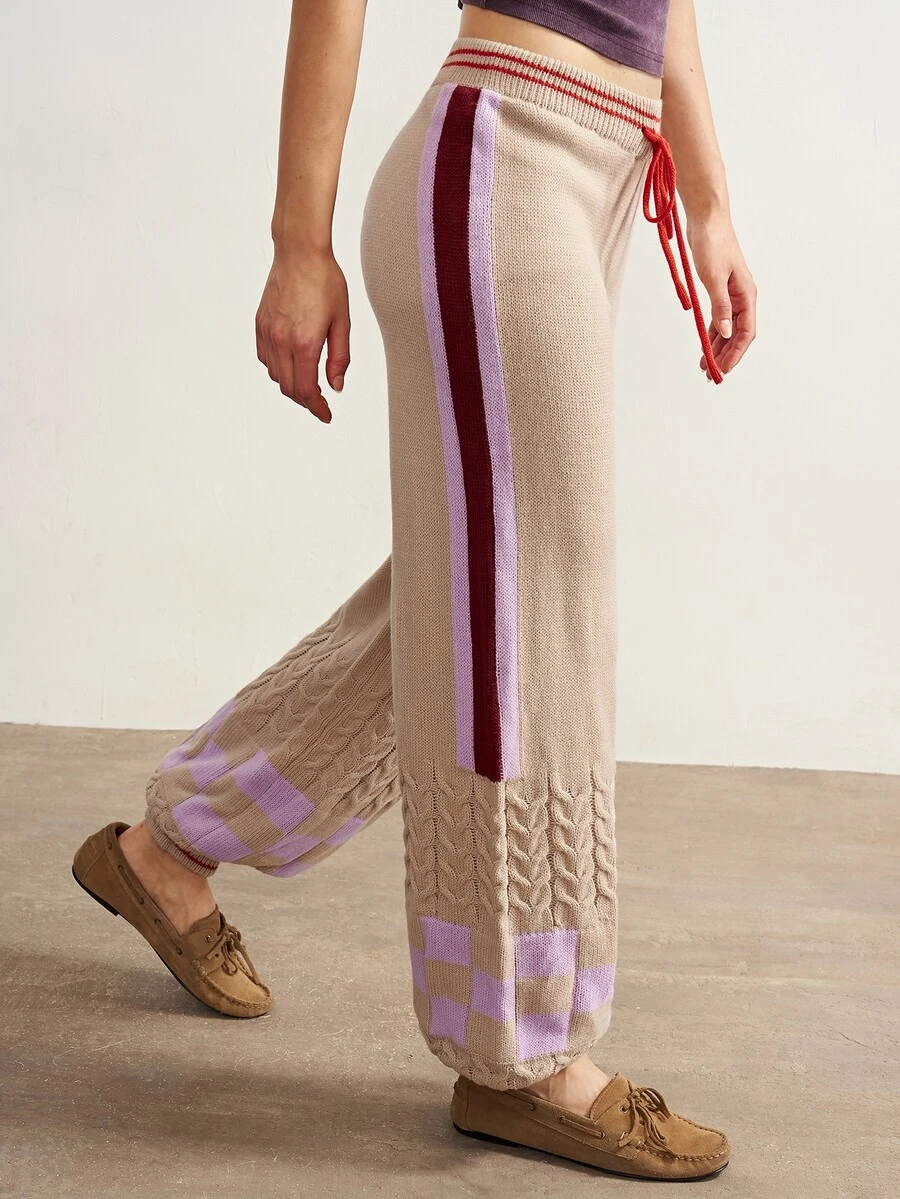 Bohemela Women's Striped Drawstring Waist Wide Leg Loose Casual Tapered Knit Pants - Multicolor - View 1