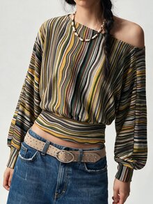Bohemela Casual Striped Knit Women's T-Shirt - Multicolor - View 2
