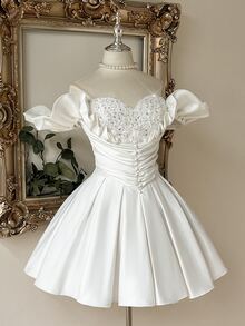 Lovelzi Elegant Romantic Fashion White Lace Patchwork Satin Ruffle Trim Slimming Short A-Line Full Skirt Prom Dress, Homecoming Dress, Bridal Shower Dress - White - View 6
