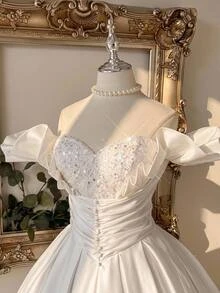 Lovelzi Elegant Romantic Fashion White Lace Patchwork Satin Ruffle Trim Slimming Short A-Line Full Skirt Prom Dress, Homecoming Dress, Bridal Shower Dress - White - View 3