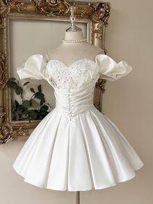 Lovelzi Elegant Romantic Fashion White Lace Patchwork Satin Ruffle Trim Slimming Short A-Line Full Skirt Prom Dress, Homecoming Dress, Bridal Shower Dress - White - View 2