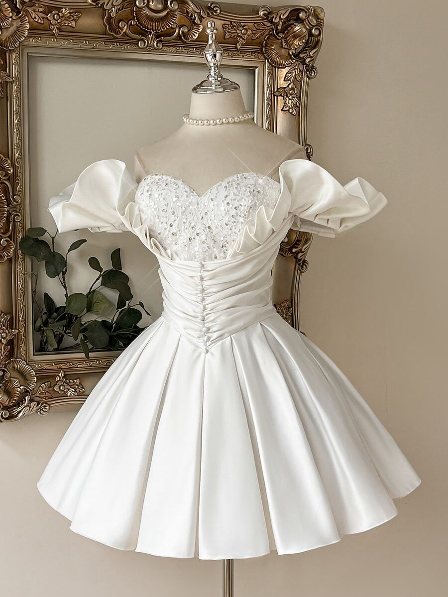 Lovelzi Elegant Romantic Fashion White Lace Patchwork Satin Ruffle Trim Slimming Short A-Line Full Skirt Prom Dress, Homecoming Dress, Bridal Shower Dress