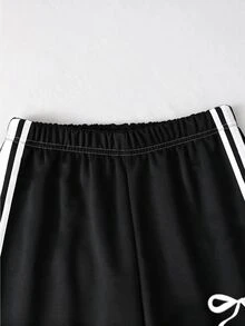Tween Girls 2 Pcs Off-Shoulder Bow Logo Tee & Striped Wide Leg Track Pants Set, Black Top, Winter Outfits - Multicolor - View 5