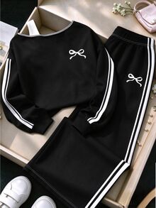 Tween Girls 2 Pcs Off-Shoulder Bow Logo Tee & Striped Wide Leg Track Pants Set, Black Top, Winter Outfits - Multicolor - View 3