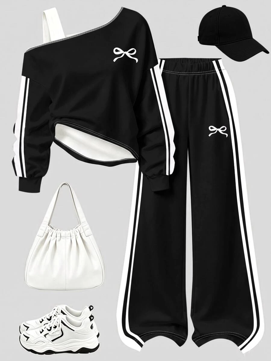 Tween Girls 2 Pcs Off-Shoulder Bow Logo Tee & Striped Wide Leg Track Pants Set, Black Top, Winter Outfits - Multicolor - View 1