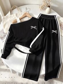 Tween Girls 2 Pcs Off-Shoulder Bow Logo Tee & Striped Wide Leg Track Pants Set, Black Top, Winter Outfits - Multicolor - View 4