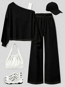 Tween Girls 2 Pcs Off-Shoulder Bow Logo Tee & Striped Wide Leg Track Pants Set, Black Top, Winter Outfits - Multicolor - View 2
