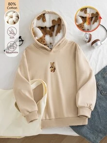 SHEIN Tween Girl Cotton Teddy Bear Sweatshirt, Fall Clothes Winter Beige Sweatshirt, Cute Long Sleeve Pullover For Daily Wear Street Style Suitable For School - Apricot - View 4