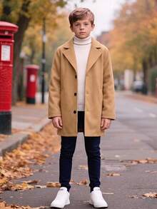 SHEIN Kids Tween Boy Casual Academy Pocket Mid-Length Overcoat, Suitable For Autumn, Spring, Winter, Perfect For Outdoor Play, School, High Cost-Performance Quilted Coat, Padded Coat, Winter Coat - Khaki - View 4