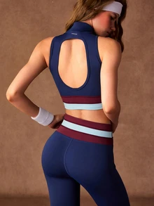 VARSIVA Women's Zipper Striped Colorblock Tank Top And High Waist Slim Fit Leggings Sports Set - Multicolor - View 10