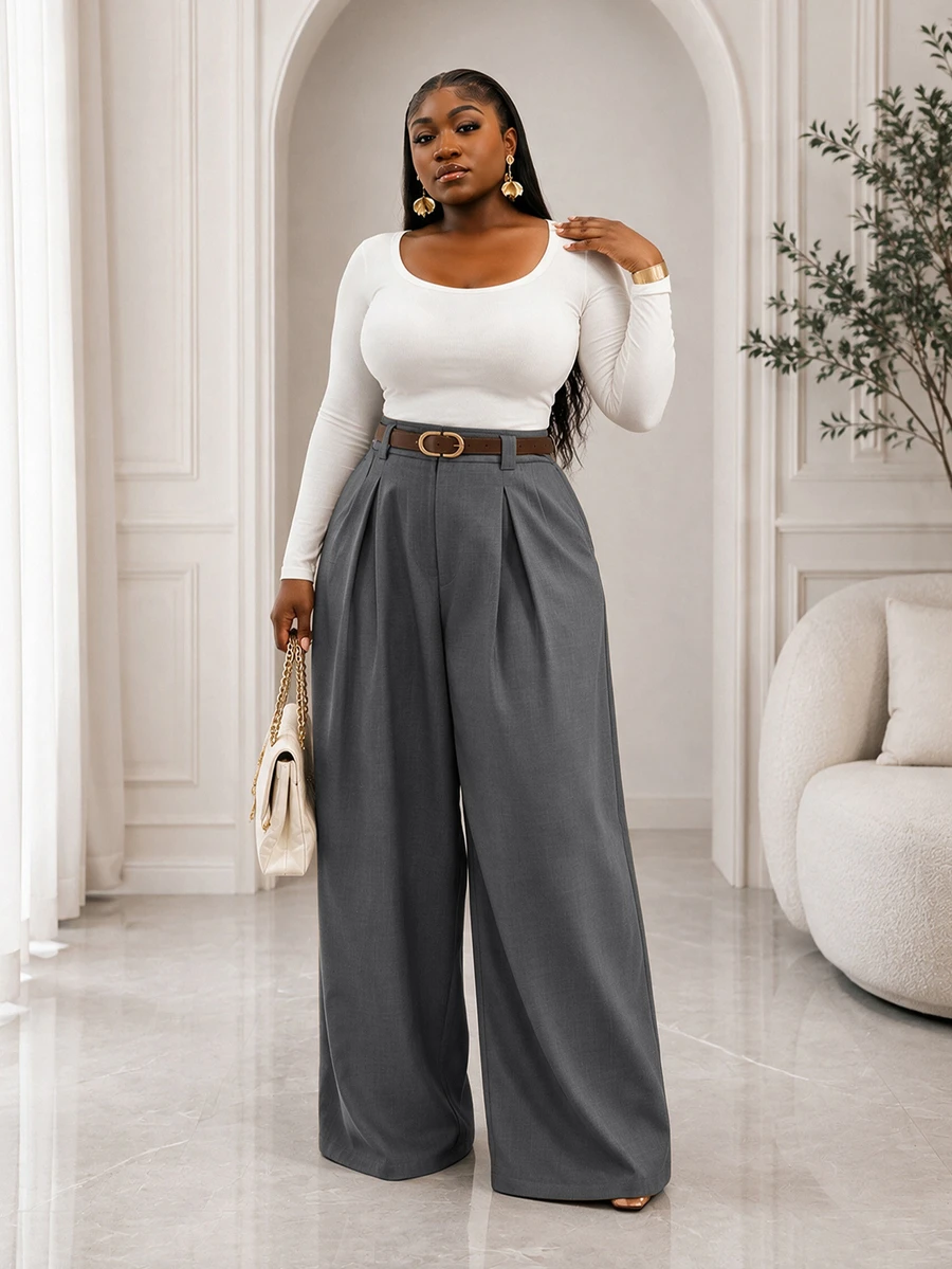 CurvyTilda Plus Size Women's Long Pants, Solid Apricot Wide Leg Pants, Elegant Style, Fashionable Commute, Office Wear Fall - Grey - View 1