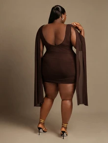 CurvyTilda Plus Size Women Sexy Elegant Shawl Collar Ruffle Bodycon Dress Cocktail Date Night Brown Summer - Brown - View 2