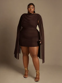 CurvyTilda Plus Size Women Sexy Elegant Shawl Collar Ruffle Bodycon Dress Cocktail Date Night Brown Summer - Brown - View 3