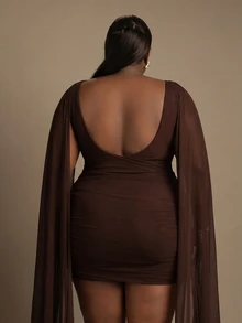CurvyTilda Plus Size Women Sexy Elegant Shawl Collar Ruffle Bodycon Dress Cocktail Date Night Brown Summer - Brown - View 5