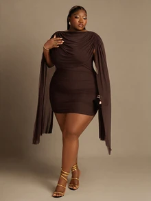 CurvyTilda Plus Size Women Sexy Elegant Shawl Collar Ruffle Bodycon Dress Cocktail Date Night Brown Summer - Brown - View 4