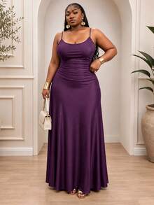 CurvyTilda Plus Size Women's Solid Color Ruched Waist Flared Hem Spaghetti Strap Dress,Semi Formal Dress,Elegant Tea Party Dress,Flowy Cruise Women Outfits - Violet Purple - View 1