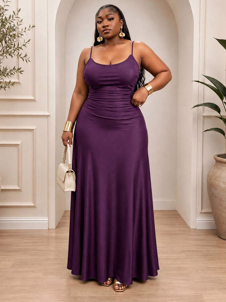 CurvyTilda Plus Size Women's Solid Color Ruched Waist Flared Hem Spaghetti Strap Dress,Semi Formal Dress,Elegant Tea Party Dress,Flowy Cruise Women Outfits - Violet Purple - View 1