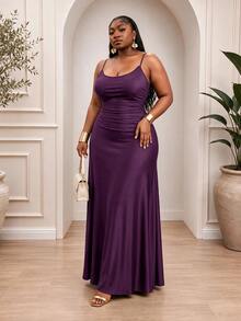 CurvyTilda Plus Size Women's Solid Color Ruched Waist Flared Hem Spaghetti Strap Dress,Semi Formal Dress,Elegant Tea Party Dress,Flowy Cruise Women Outfits - Violet Purple - View 4