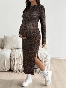SHEIN Maternity Leopard Print Split Hem Casual Party Dress - Brown - View 11