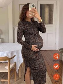 SHEIN Maternity Leopard Print Split Hem Casual Party Dress - Brown - View 1