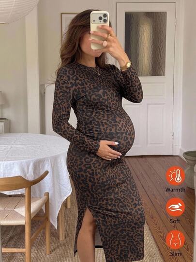 SHEIN Maternity Leopard Print Split Hem Casual Party Dress Fall