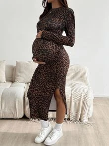SHEIN Maternity Leopard Print Split Hem Casual Party Dress - Brown - View 10