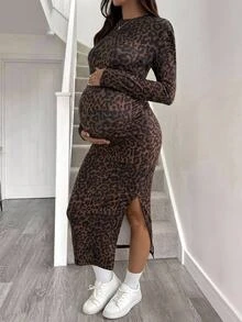 SHEIN Maternity Leopard Print Split Hem Casual Party Dress - Brown - View 2