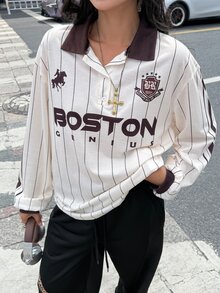 DRPCRD 女款秋冬街頭風休閒 Y2K 返校日學院風復古運動圖案條紋寬鬆長袖 Polo 衫 - 彩色 - 查看 5
