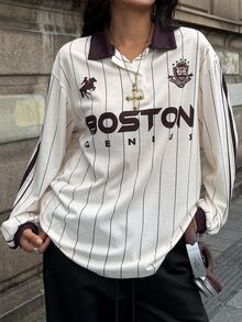 DRPCRD 女款秋冬街頭風休閒 Y2K 返校日學院風復古運動圖案條紋寬鬆長袖 Polo 衫 - 彩色 - 查看 3