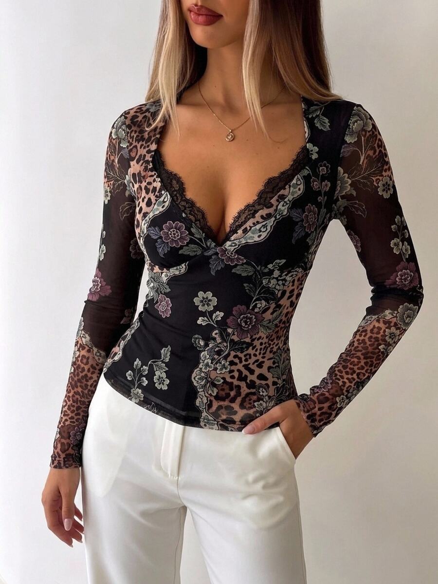 Aloruh Women's Elegant V-Neck Lace Patchwork Long Sleeve Fitted Printed Blouse,Elegant Women's Blouse,Y2K Tops ,Sexy Tops For Women ,Women Chic Unique Blouse - Multicolor - View 1