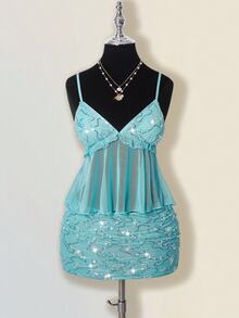 SHEIN ICON 女款夏季休閒度假荷葉邊細肩帶上衣與迷你裙兩件套 秋季女裝 - 水鴨藍 - 查看 2