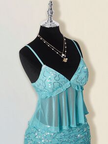 SHEIN ICON 女款夏季休閒度假荷葉邊細肩帶上衣與迷你裙兩件套 秋季女裝 - 水鴨藍 - 查看 8