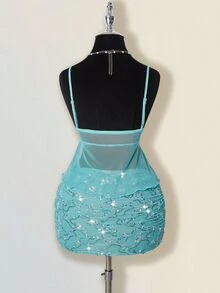 SHEIN ICON 女款夏季休閒度假荷葉邊細肩帶上衣與迷你裙兩件套 秋季女裝 - 水鴨藍 - 查看 3