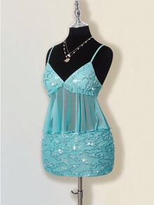 SHEIN ICON 女款夏季休閒度假荷葉邊細肩帶上衣與迷你裙兩件套 秋季女裝 - 水鴨藍 - 查看 4