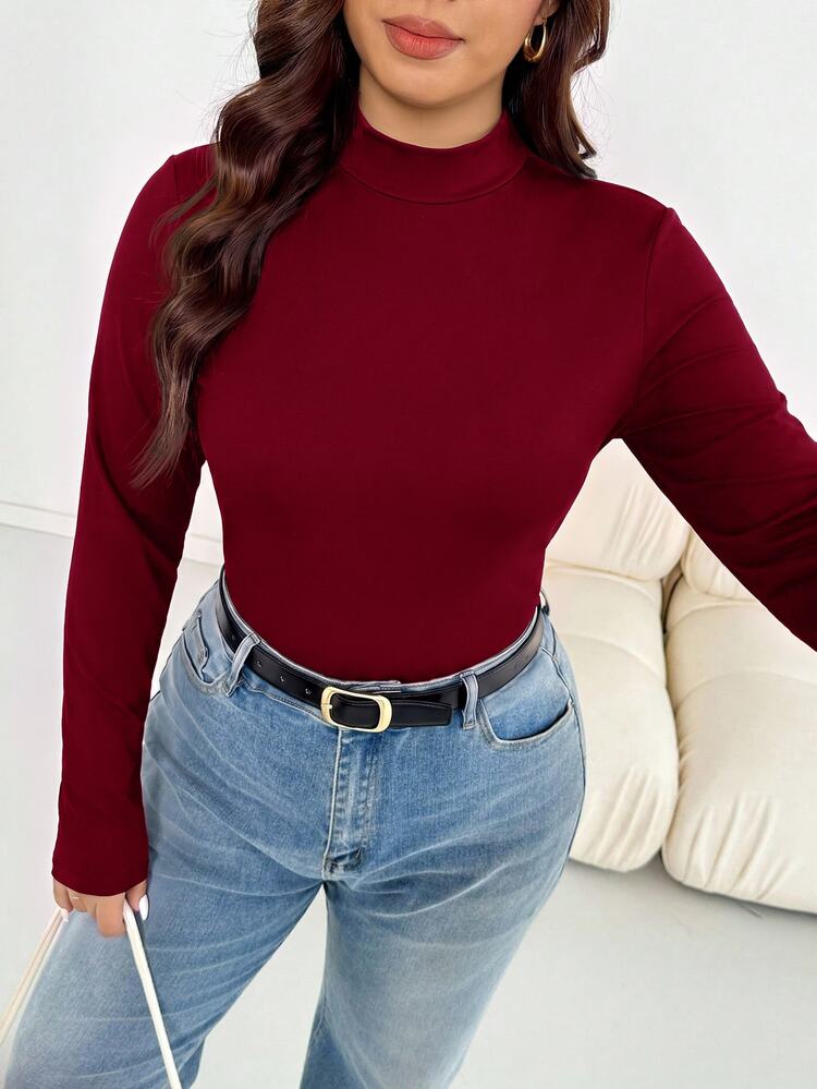 Shapeblank Plus Size Women's Autumn/Winter Fashionable Casual Elastic Comfortable Everyday Black Stand Collar Fall - Burgundy - View 4