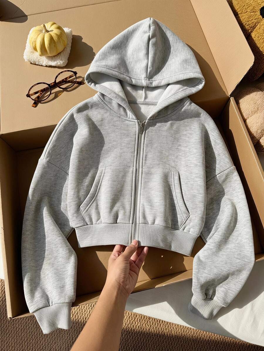 SHEIN Sparklyn Teen Girls Long Sleeve Fleece Autumn Clothes Baggy Knitted Hooded Sweatshirt Short Zip-Up Jacket Holiday Sixth Form Grey White Blue Y2K