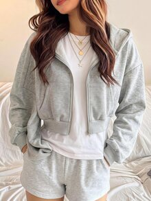SHEIN Sparklyn Teen Girls Long Sleeve Fleece Autumn Clothes Baggy Knitted Hooded Sweatshirt Short Zip-Up Jacket Holiday Sixth Form Grey White Blue Y2K - Grey - View 10