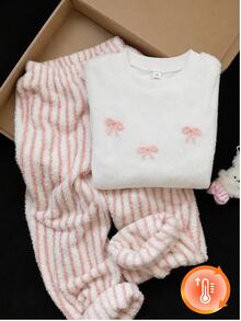 SHEIN 女童直條紋毛絨極簡時尚長褲與上衣休閒舒適兩件套，白色長袖，秋冬居家服 - 白色 - 查看 1