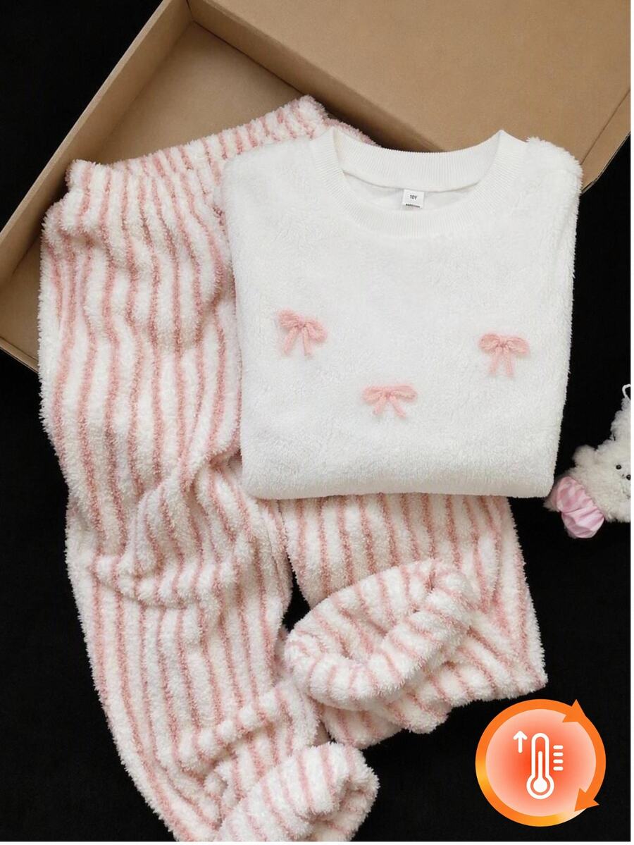 SHEIN 女童直條紋毛絨極簡時尚長褲與上衣休閒舒適兩件套，白色長袖，秋冬居家服 - 白色 - 查看 1
