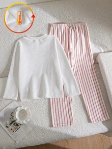 SHEIN 女童直條紋毛絨極簡時尚長褲與上衣休閒舒適兩件套，白色長袖，秋冬居家服 - 白色 - 查看 4